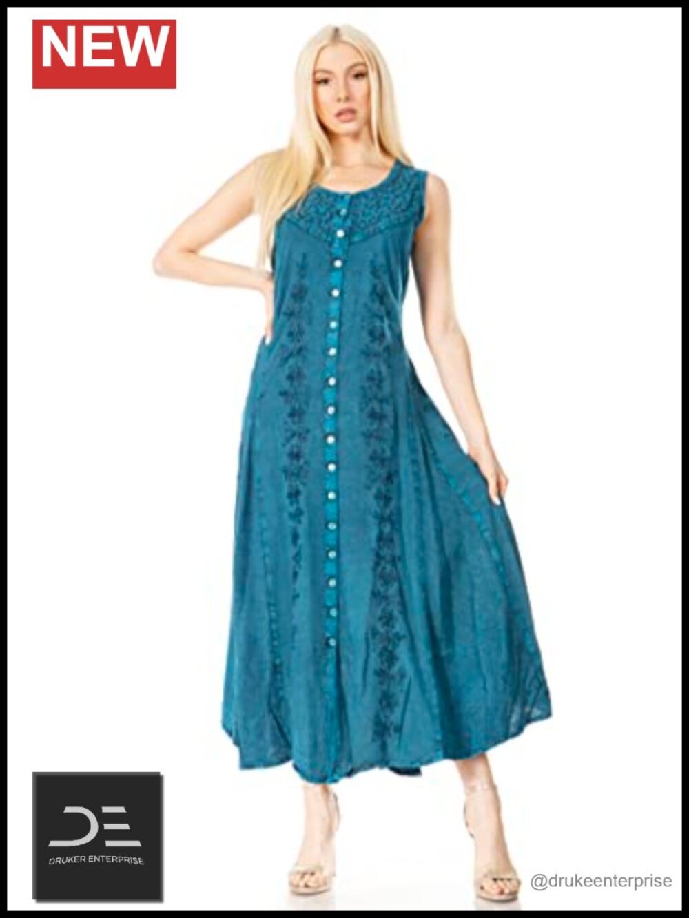 Floral Embroidered Sleeveless Button Up Rayon Dress